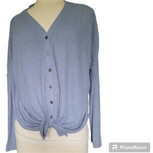 a.n.a blue waffle knit tie bottom top - S